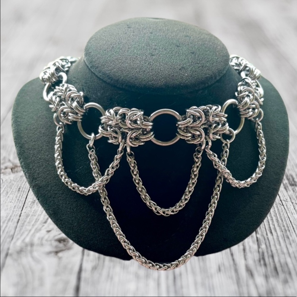 Handmade stainless steel maille thick choker chain double bizantine link pattern